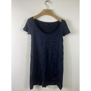 Theory Navy Blue Mixed Media Cap Sleeve Shift Dress Rayon Cotton Sz 0